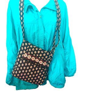 Boho Chic Black & White Cotton Crossbody Bag With Red Accents Zipper Pocket Adju